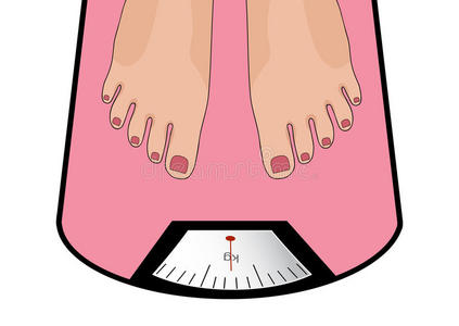 胖子或女人站在体重秤上,体重很重,矢量.