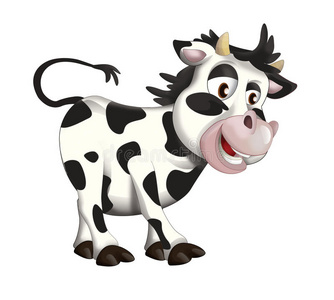 卡通快乐的小母牛看水果-苹果-照片