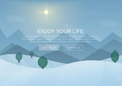 白天卡通冬季山林景观背景与雪树。 网站标题横幅元素布局