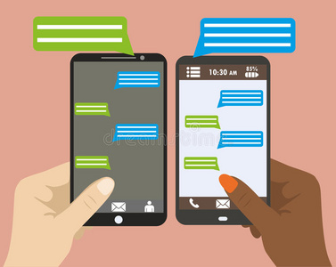 手拿黑色智能手机,空白语音气泡为文本卡通人物正在发送消息和在电话