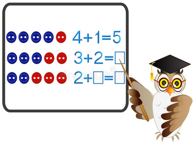 教育游戏为儿童，关于五个组成，例子与按钮与猫头鹰老师。
