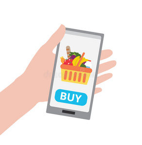 手持智能手机与购买按钮和购物篮充满健康的有机新鲜和自然的食物