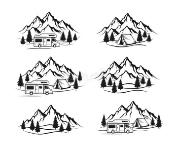 露营商队，帐篷，岩石山，松林标签，徽章，徽章元素设置