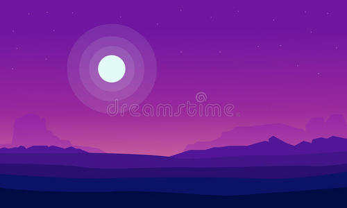 在夜晚的田野和月亮的剪影