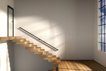三维渲染:在一个宽敞的公寓里,在日出或日落时刻,楼梯区域的侧面视图