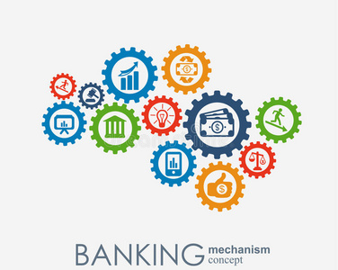 银行机制。 抽象背景与连接齿轮和集成平面图标。 货币卡片银行的符号