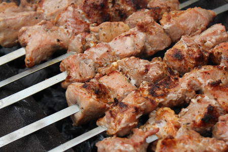 特写镜头 烤肉串 烹饪 脂肪 燃烧 野餐 午餐 烤的 猪肉