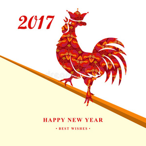 2017年中国新年红公鸡与装饰。 带皇冠的红色轮廓。 十二生肖符号。 设计元素