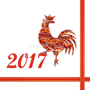2017年中国新年红公鸡与装饰。 带皇冠的红色轮廓。 十二生肖符号。 设计元素