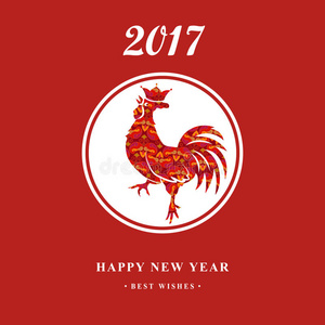 2017年中国新年红公鸡与装饰。 带皇冠的红色轮廓。 十二生肖符号。 设计元素