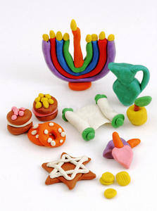 苹果 光明节 希伯来语 庆祝 卡通 甜甜圈 插图 犹太教