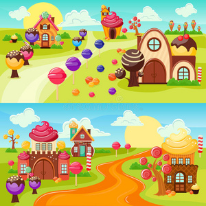 焦糖 广告 糖果 奶油 横幅 幻想 卡片 插图 童年 植物区系