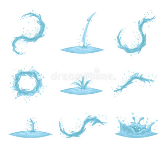 流水溅落波涡旋复古卡通图标设置孤立的设计矢量插图照片