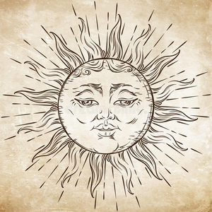 古董风格手绘艺术太阳。 波霍别致的纹身设计矢量