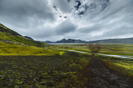 黑暗的冰岛景观与绿色的苔藓和黑色的道路，冰岛