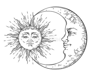 古董风格的手绘艺术太阳和新月。 波霍别致的纹身设计矢量