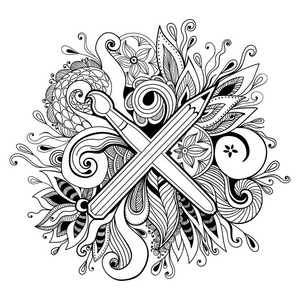 黑白手绘抽象万花筒矢量插图. 带状或成人着色页面照片