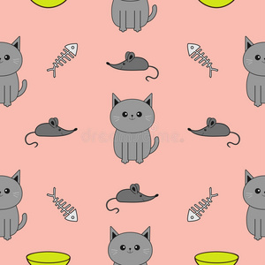 可爱的灰色卡通猫。 碗，鱼骨，老鼠玩具。 有趣的微笑角色。 轮廓隔离。 无缝图案粉红色背景。 fl