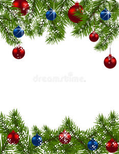 圣诞贺卡。 绿色冷杉树枝，白色背景上有红色和蓝色的球。 圣诞装饰品