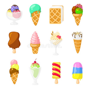 收集12个矢量冰淇淋插图分离在白色背景。 有趣的卡通风格。 ，插图。