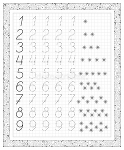 黑白工作表在一张方格纸上，上面有小孩子的练习。