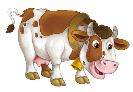 卡通快乐牛是站立和向下看艺术风格孤立插图为儿童照片