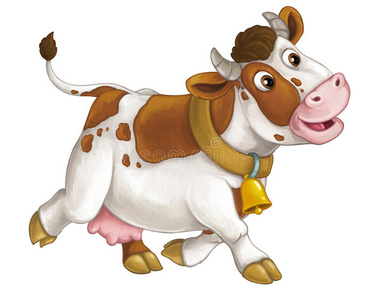 卡通快乐的农场动物-快乐的牛跑着微笑和看起来艺术风格-孤立照片