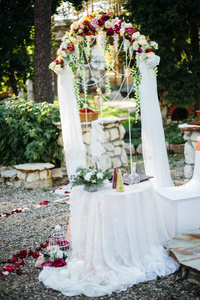 花束 庆祝 美女 浪漫的 玻璃 订婚 假日 婚礼 花园 蜡烛