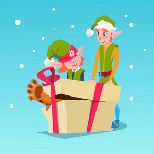 圣诞精灵团体卡通人物圣诞老人帮手与大礼物盒