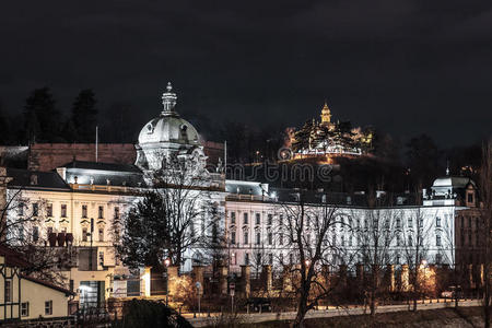布拉格的建筑物和街道在晚上，捷克共和国