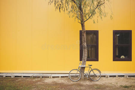 自行车靠近黄色的墙