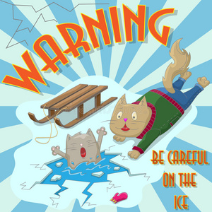 卡通插图,猫救援小猫在破冰,警告危险照片