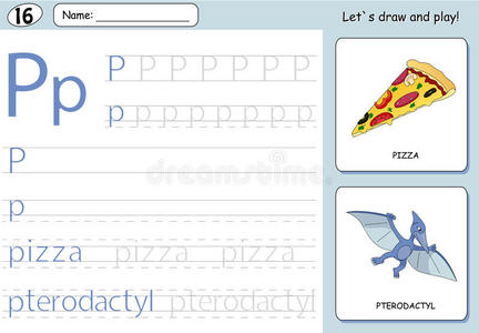 卡通披萨和翼龙。 字母追踪工作表