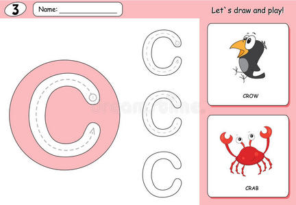 卡通乌鸦和螃蟹。 字母追踪工作表写az