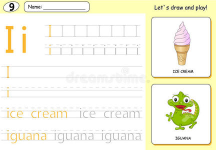 卡通冰淇淋和鬣蜥。 字母追踪工作表