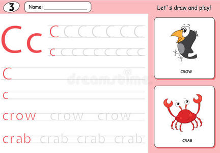 卡通乌鸦和螃蟹。 字母追踪工作表写az