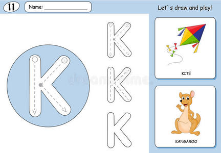 卡通风筝和袋鼠。 字母追踪工作表