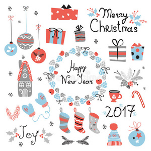 圣诞节设置图形元素与花环，蛋糕，姜饼屋，手套，玩具，礼物和袜子。