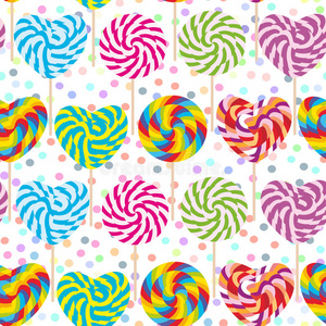五颜六色的无缝图案，糖果棒棒糖，螺旋糖果拐杖。 糖果粘在白色抽象几何上的扭曲设计