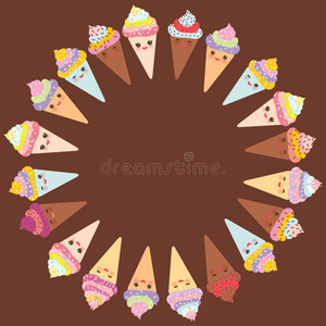 卡片设计为您的文字，横幅模板与圆形框架，卡瓦伊有趣的冰淇淋华夫饼锥，枪口与粉红色脸颊和
