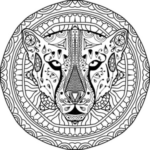 元素为您的设计。 以猎豹为首的民族圆形图案。 着色页面