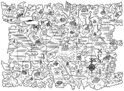 黑白地图黑白插图的海盗地图的幻想土地照片