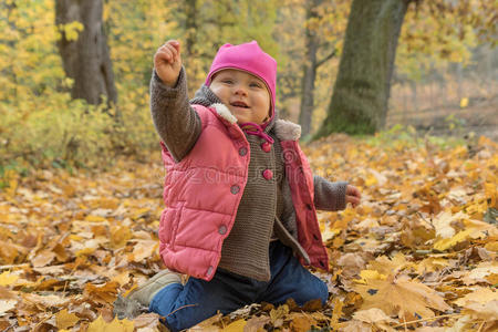外部 女孩 落下 可爱的 儿童 自然 乐趣 树叶 颜色 蹒跚学步的孩子