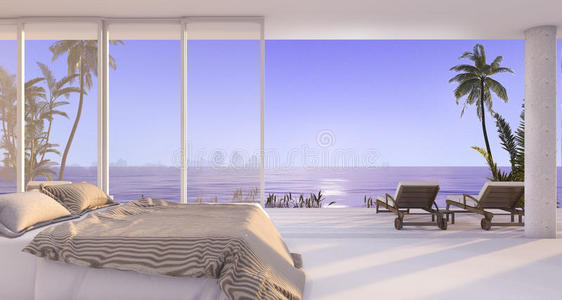 三维渲染豪华别墅卧室附近的海滩和棕榈树与美丽的夜景从窗口