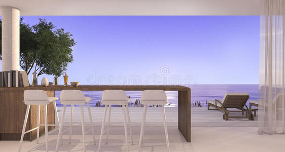 三维渲染餐厅在小别墅附近美丽的海滩和大海与日落