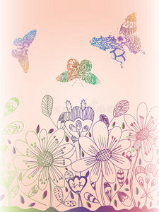 彩色花涂鸦与蝴蝶在粉红色的背景