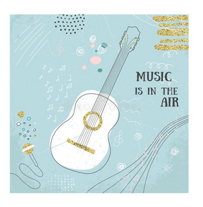 抽象音乐吉他手绘卡. 涂鸦矢量插图. 图形海报,封面素描风格.