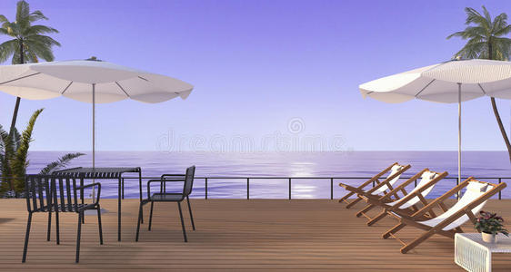 三维渲染良好的海滩餐厅设置与长凳上的木制露台附近的海洋
