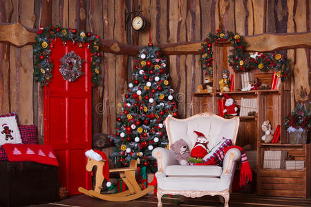 冬天 花环 活的 房间 椅子 新的 木材 照亮 房子 礼品