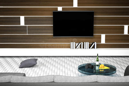 三维渲染白色客厅室内设计插图与沙发。书架和木制墙壁。玻璃桌子与酒瓶